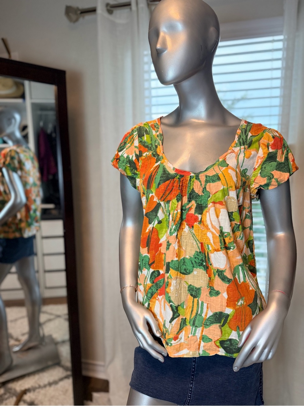 Calvin Klein Jeans Floral Peasant Top Large 100% Cotton Boho Orange Green
